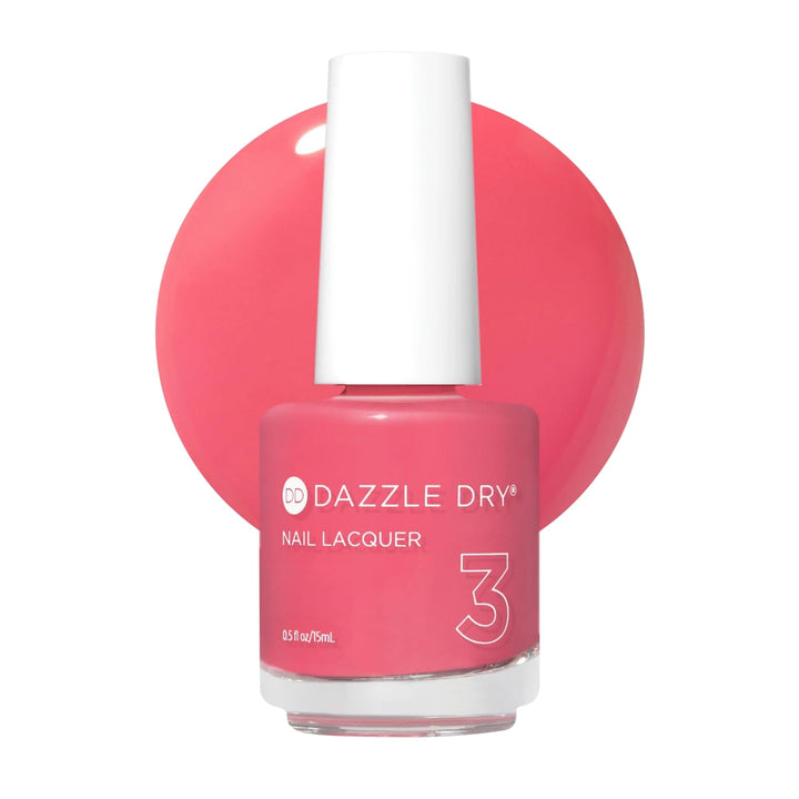 Dazzle Dry front packaging showing Carnival Coral bottle and shade benefits