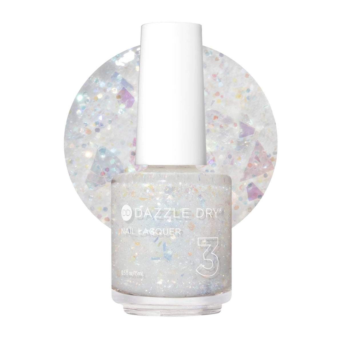 Dazzle Dry front bottle showing iridescent white glitter finish benefit quick-dry