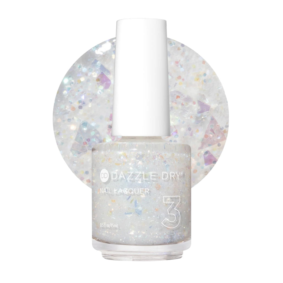 Dazzle Dry front bottle showing iridescent white glitter finish benefit quick-dry