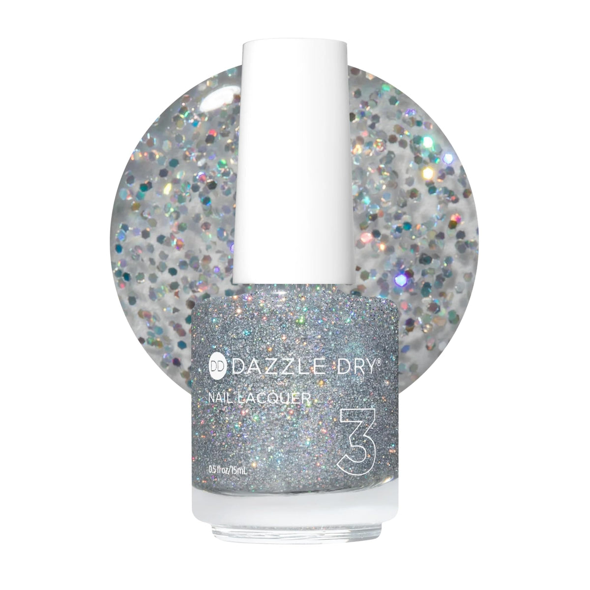 Dazzle Dry bottle front view showing Diamond holographic micro-glitter polish and brand