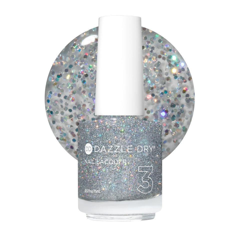 Dazzle Dry bottle front view showing Diamond holographic micro-glitter polish and brand