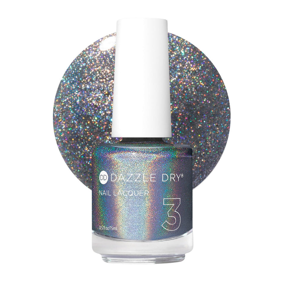 Dazzle Dry front bottle view showing silver holographic lacquer and brand