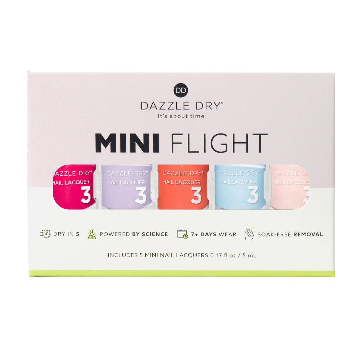 Dazzle Dry five mini bottles lined up highlighting variety and travel-friendly size