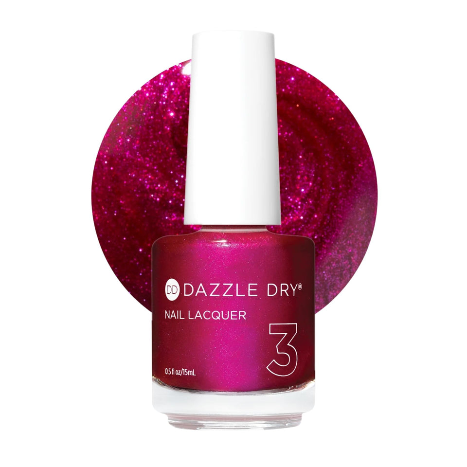 Dazzle Dry front packaging showing Kaleidoscope metallic fuchsia and fast-dry benefit