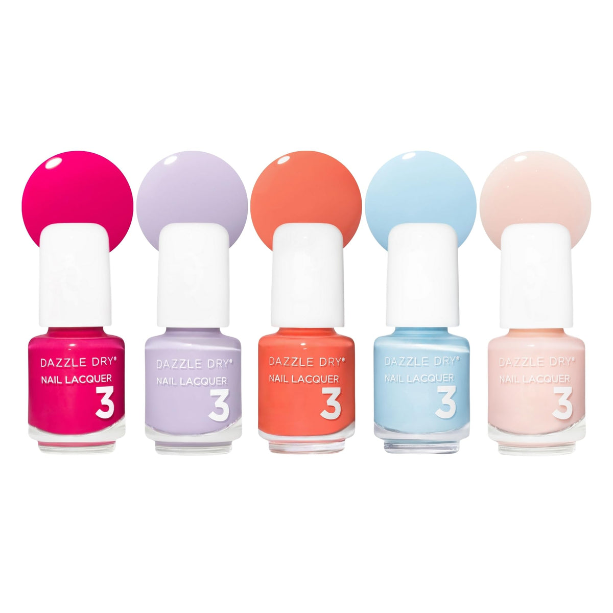 Dazzle Dry front packaging showing five mini lacquers and cheerful design benefits