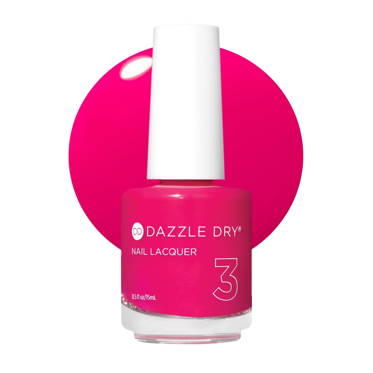 Dazzle Dry front bottle showing vibrant Heart of Fire pink and clear branding for instant recognition and color choice