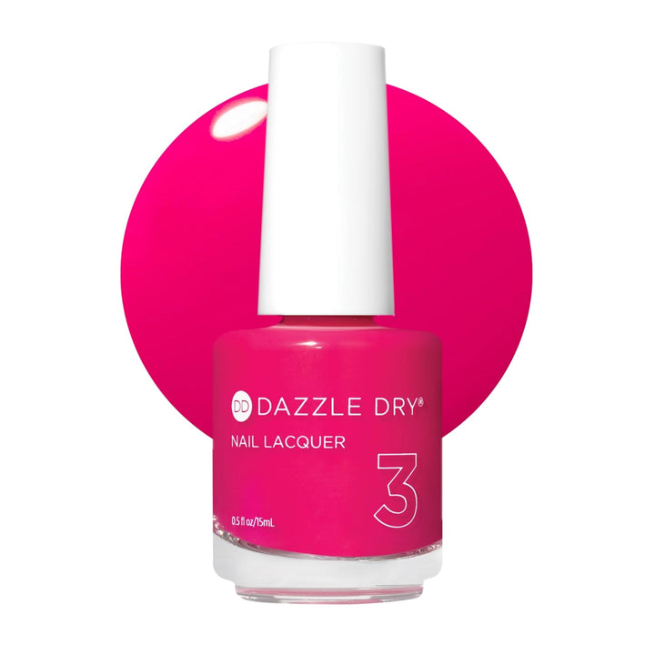 Dazzle Dry front bottle showing vibrant Heart of Fire pink and clear branding for instant recognition and color choice