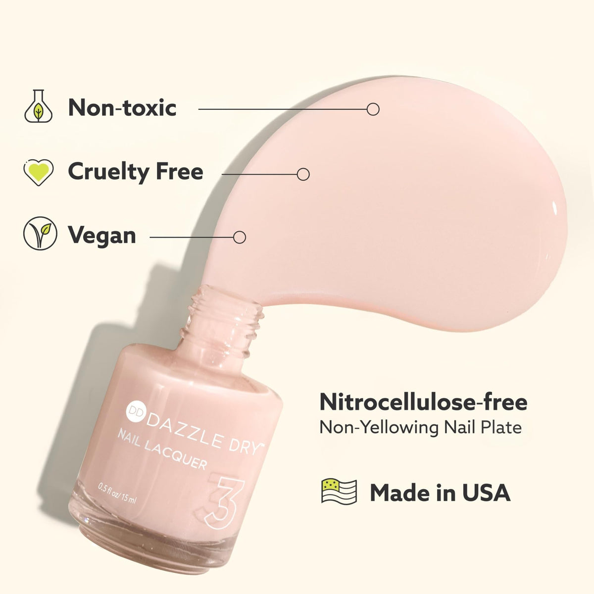 Dazzle Dry label close-up highlighting ingredient claims and non-toxic benefit