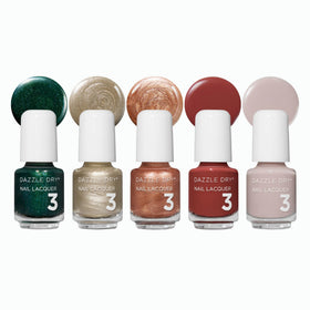 Dazzle Dry front packaging showing five mini lacquers and compact kit benefit