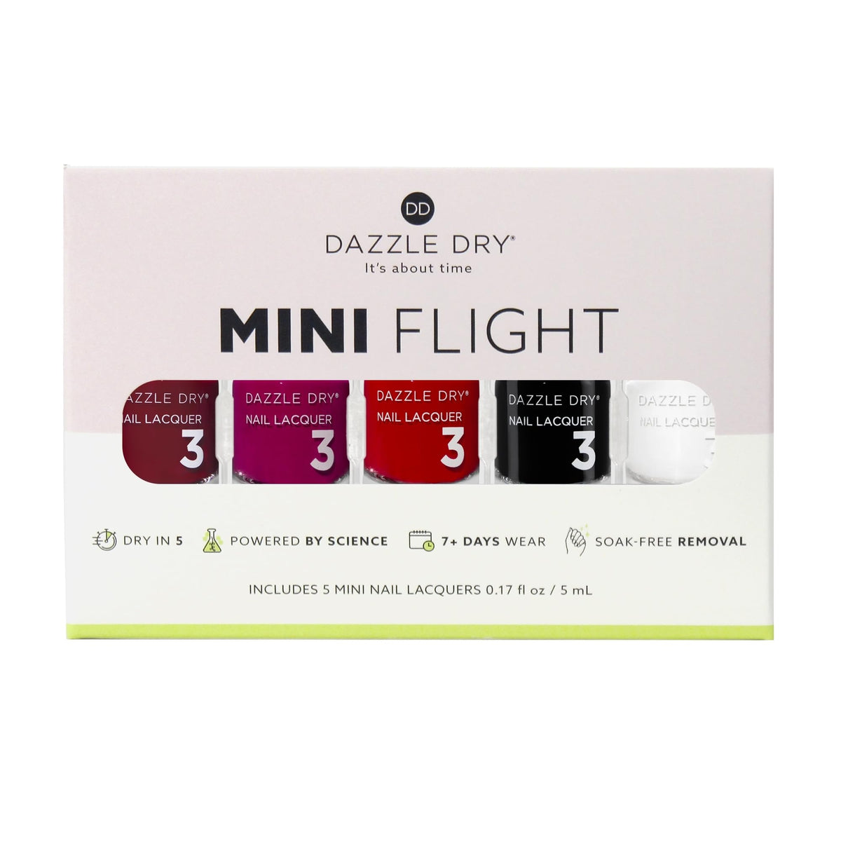 Dazzle Dry five mini bottles lined up highlighting color range and travel-friendly convenience