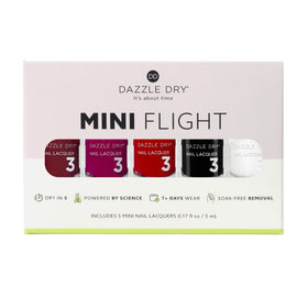 Dazzle Dry five mini bottles lined up highlighting color range and travel-friendly convenience