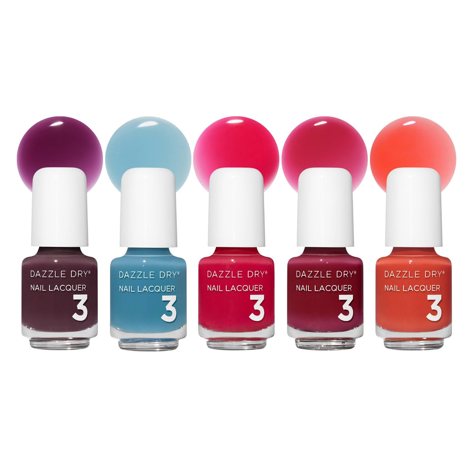 Dazzle Dry front packaging showing five mini jelly lacquers and playful design benefits