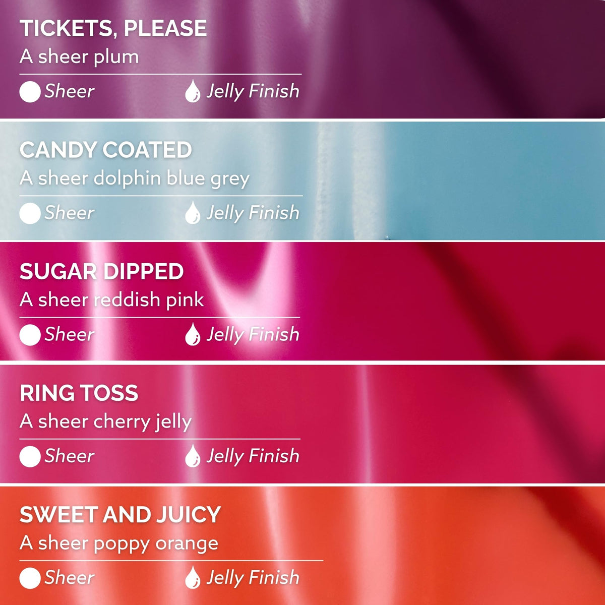 Dazzle Dry swatch array of five Carnival jellies showing sheer buildable color benefits