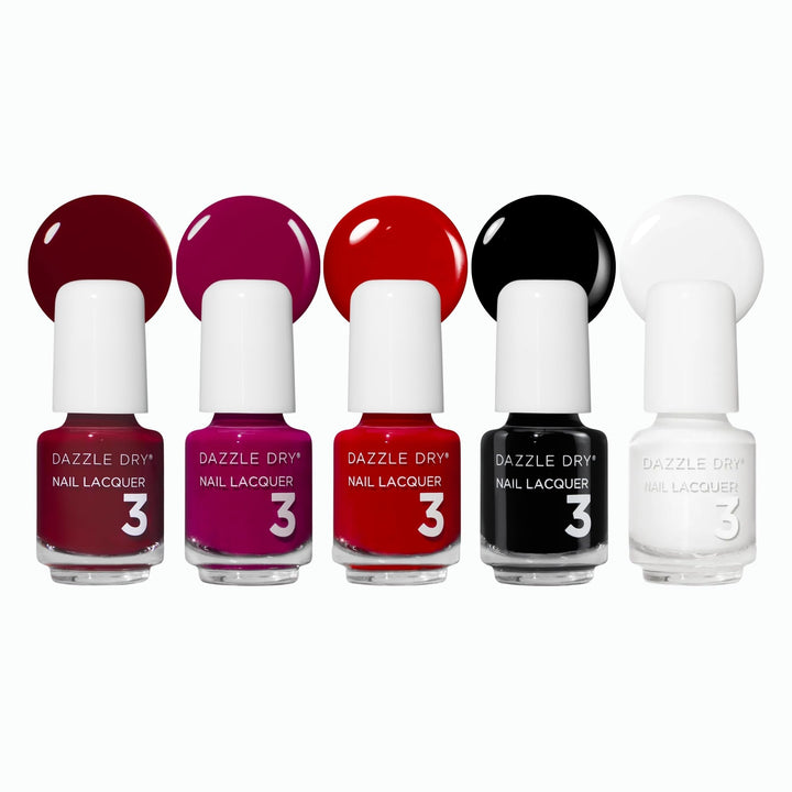 Dazzle Dry front packaging showing five mini lacquer bottles and product name benefit quick-dry