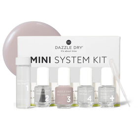 Dazzle Dry mini kit front packaging showing all five items and quick benefits