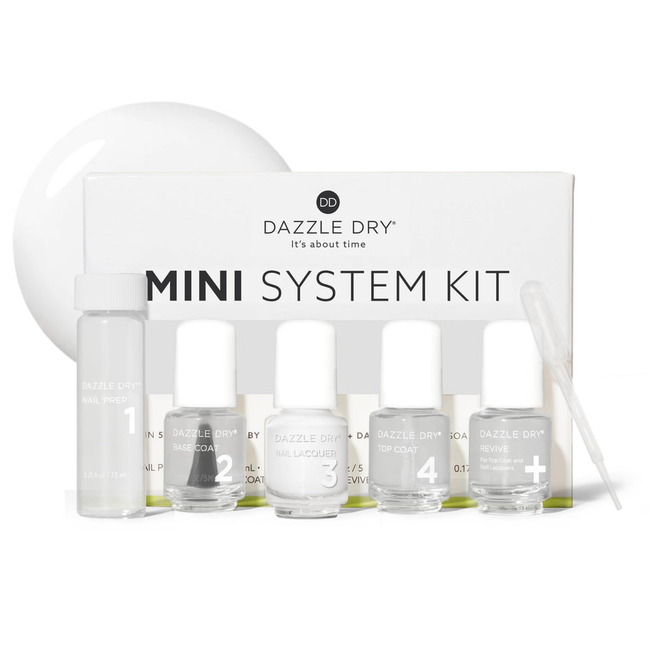 Dazzle Dry front packaging showing kit components and travel benefit