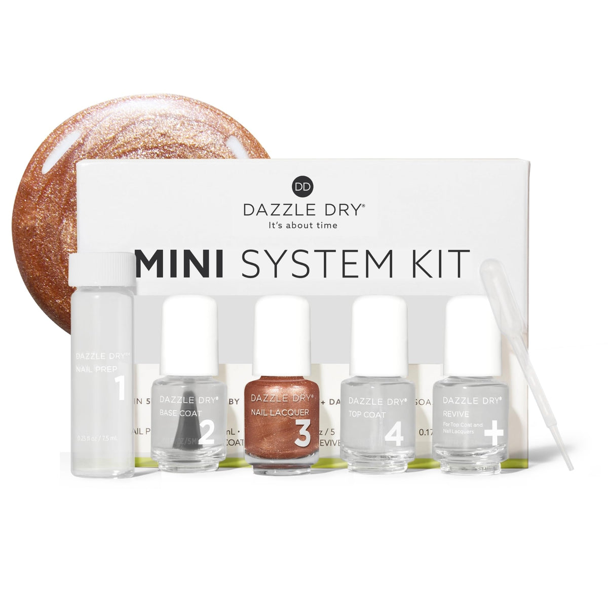 Dazzle Dry mini kit front packaging showing all five bottles and clear benefits