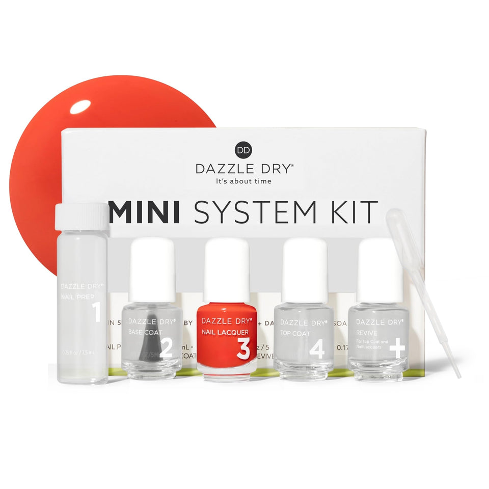 Dazzle Dry front packaging showing complete travel-size 4-step kit and color