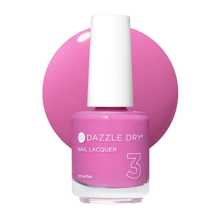 Dazzle Dry front bottle showing Paparazzi Pink shade and label, highlights quick-dry benefit