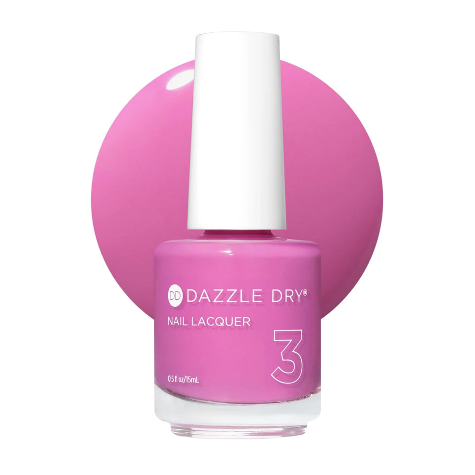 Dazzle Dry front bottle showing Paparazzi Pink shade and label, highlights quick-dry benefit