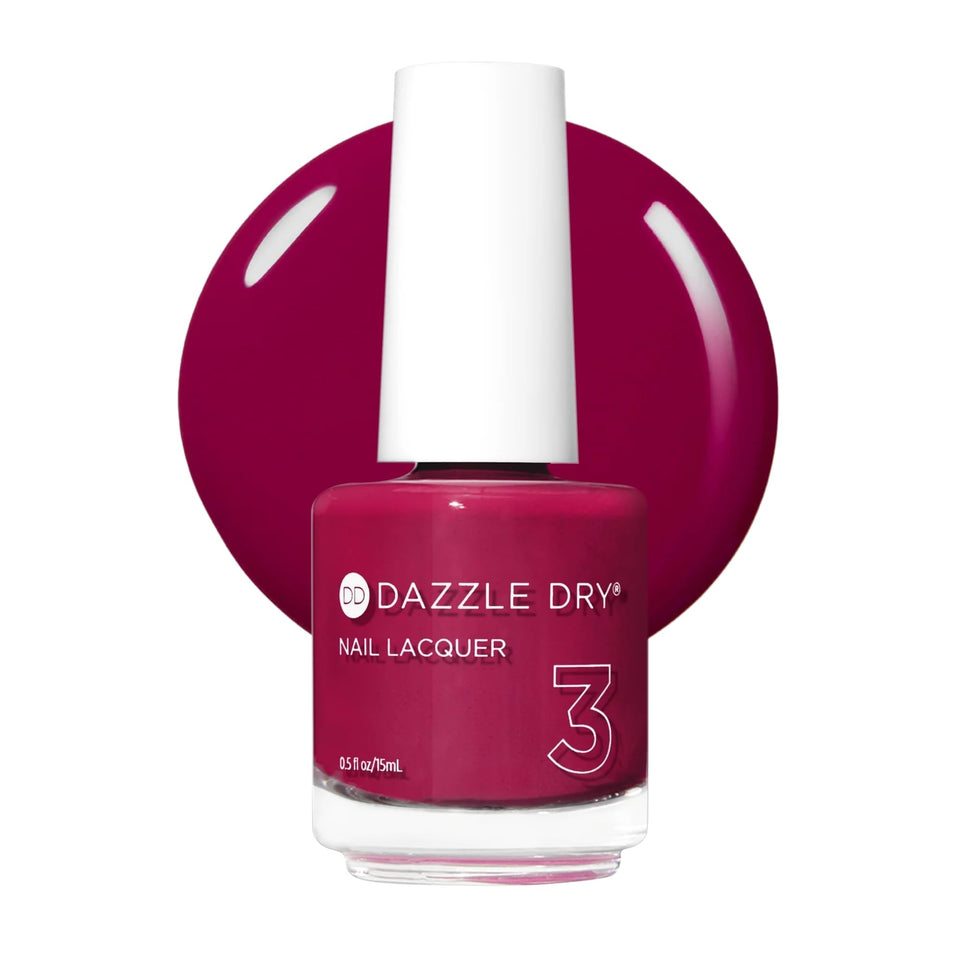 Dazzle Dry front bottle showing Raspberry Rush shade and fast-dry benefit