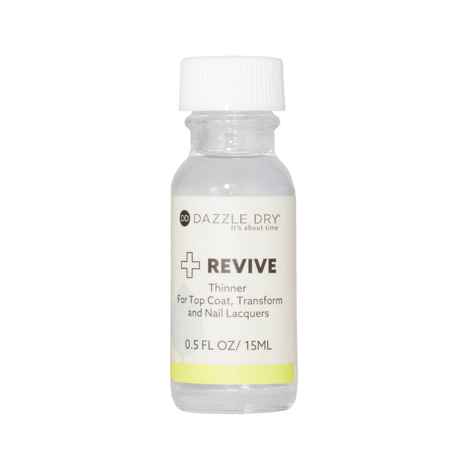 Dazzle Dry Revive front label showing compact 0.5 oz bottle and usage benefit