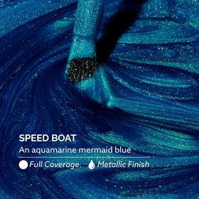 Dazzle Dry swatch on fingertips showcasing full-coverage aquamarine metallic finish