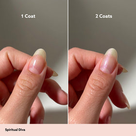 Dazzle Dry swatch on nail tip revealing sheer iridescent pink finish