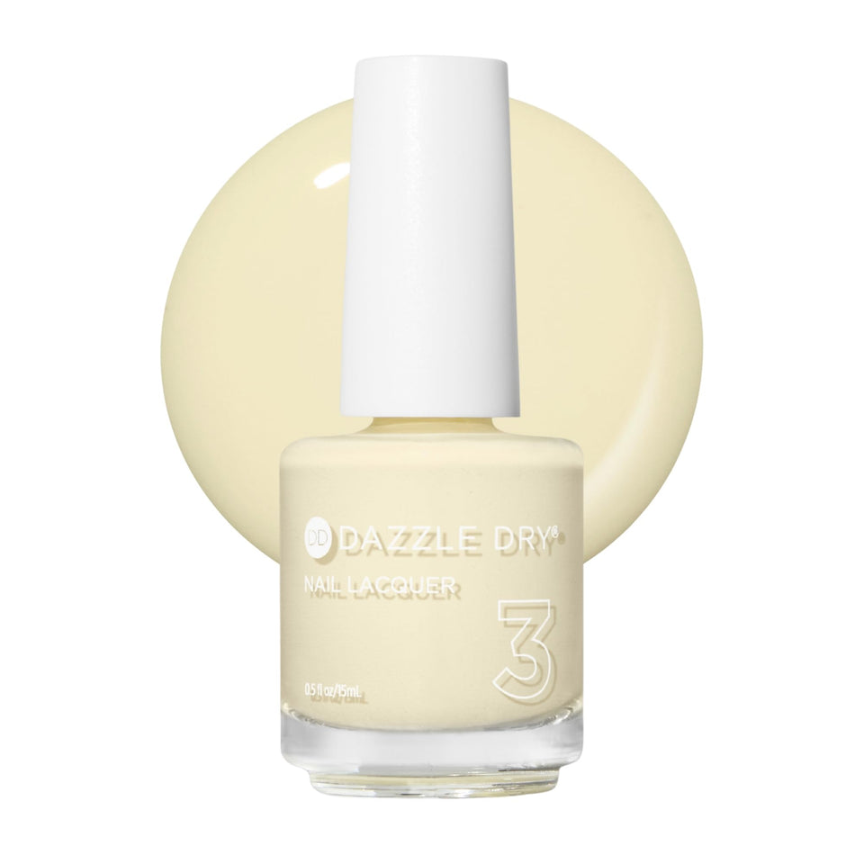 Dazzle Dry bottle front view showing Sundress buttery yellow cream polish benefit quick-dry