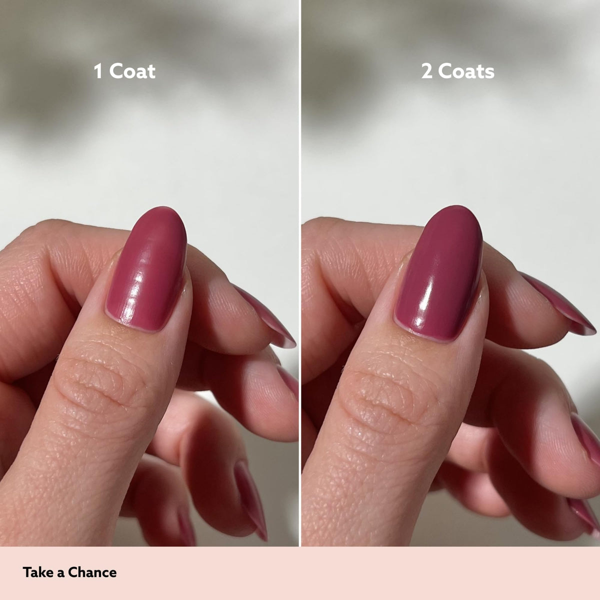 Swatch of Dazzle Dry Take A Chance on fingertip showing true berry-mauve payoff
