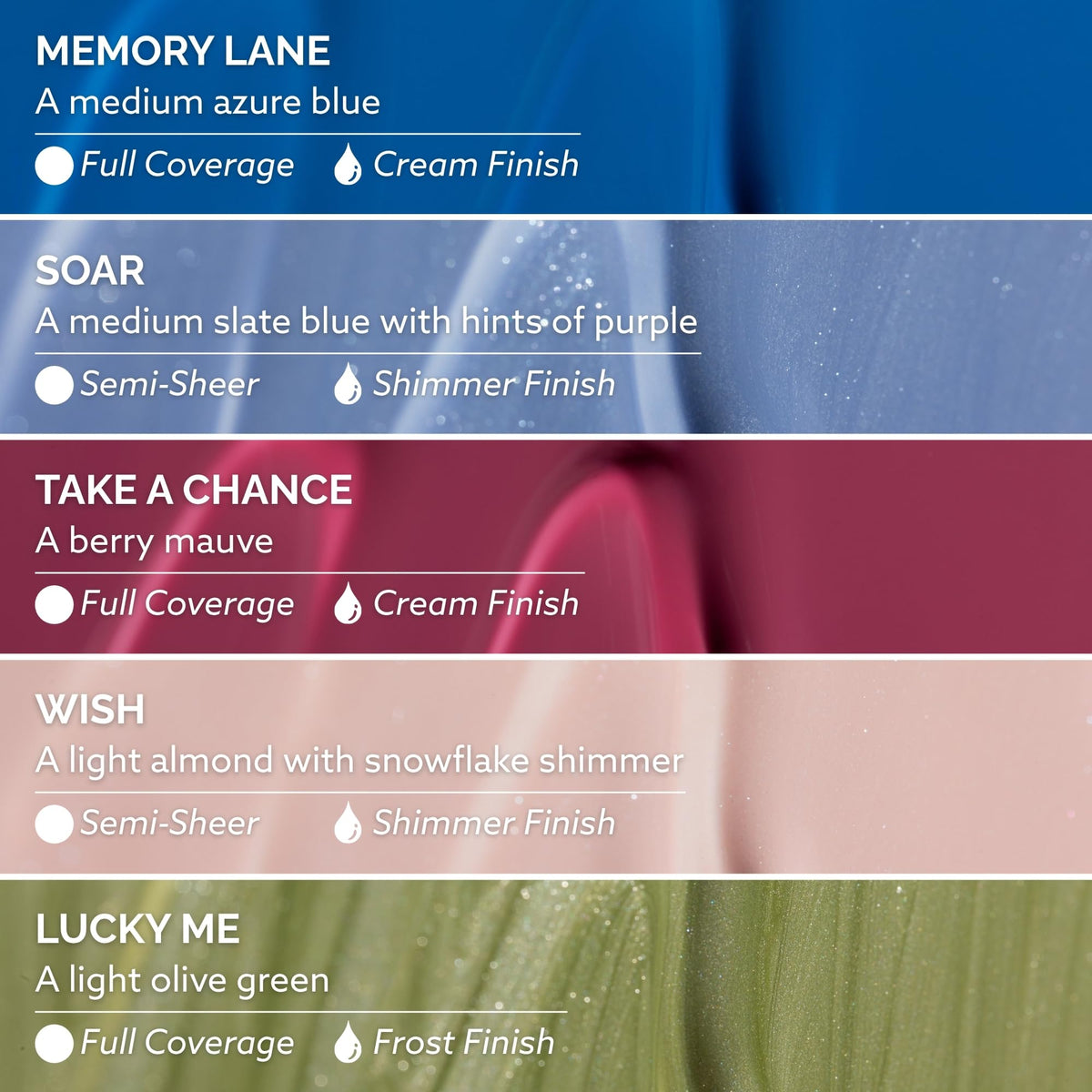 Dazzle Dry color swatches Memory Lane and Wish on nail tips showing smooth finish