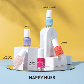 Dazzle Dry swatches on a nail wheel demonstrating color payoff and finish