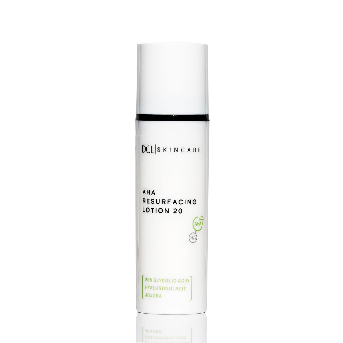DCL AHA Resurfacing Lotion 20 front packaging showing sleek bottle and product benefit