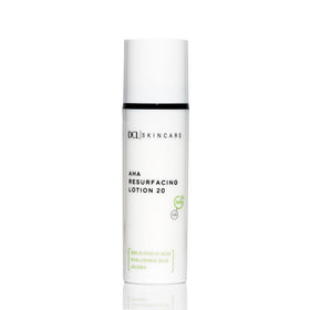DCL AHA Resurfacing Lotion 20 front packaging showing sleek bottle and product benefit