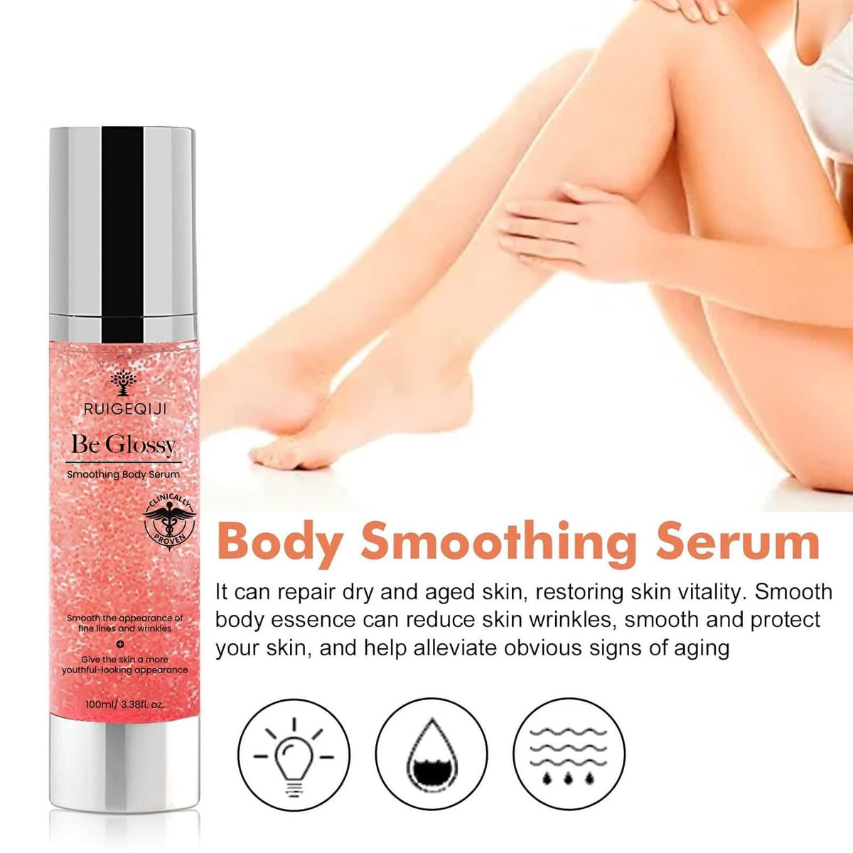 Dcsily Be Glossy serum texture on fingertip demonstrating lightweight absorption benefit