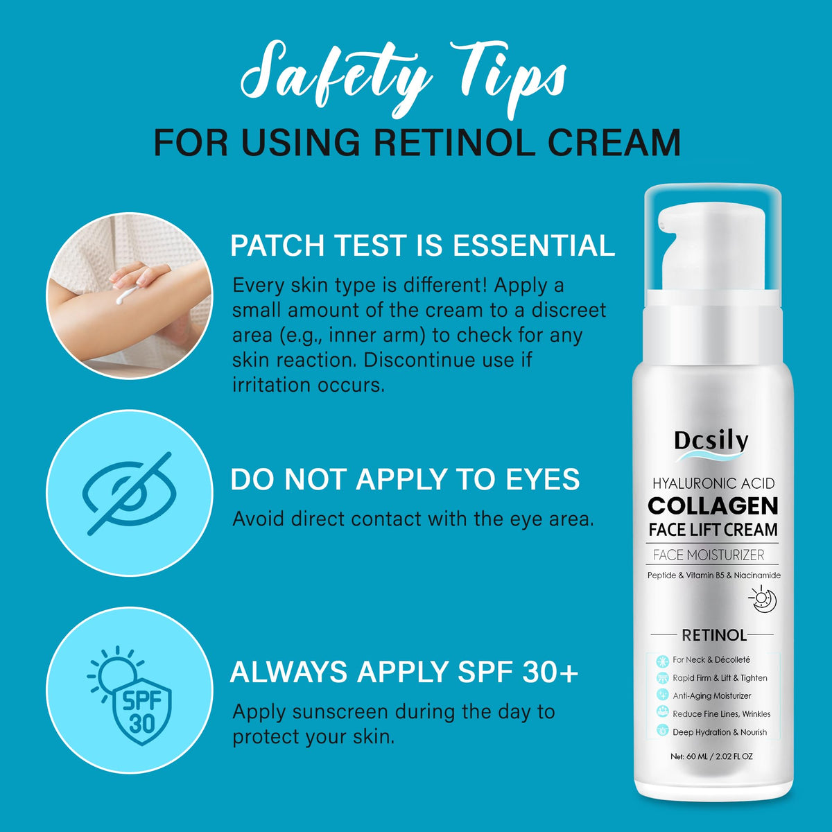 Dcsily ingredient panels highlighting retinol and peptides benefits
