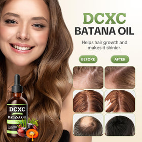 Side-by-side hair comparison showing DCXC Batana oil improving shine and smoothness