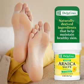 De La Cruz ingredient label highlighting Arnica, Balsam of Peru, Chamomile benefits