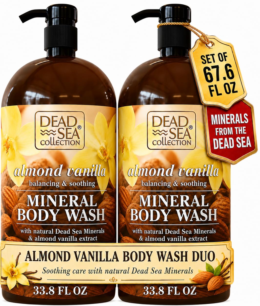 Dead Sea Collection front packaging showing two large almond vanilla bottles with benefits