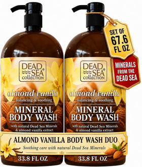 Dead Sea Collection front packaging showing two large almond vanilla bottles with benefits