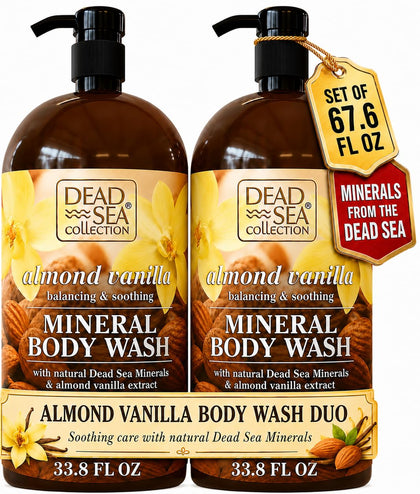 Dead Sea Collection front packaging showing two large almond vanilla bottles with benefits
