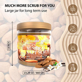 Dead Sea Collection label detail highlighting almond vanilla scent and recyclable jar