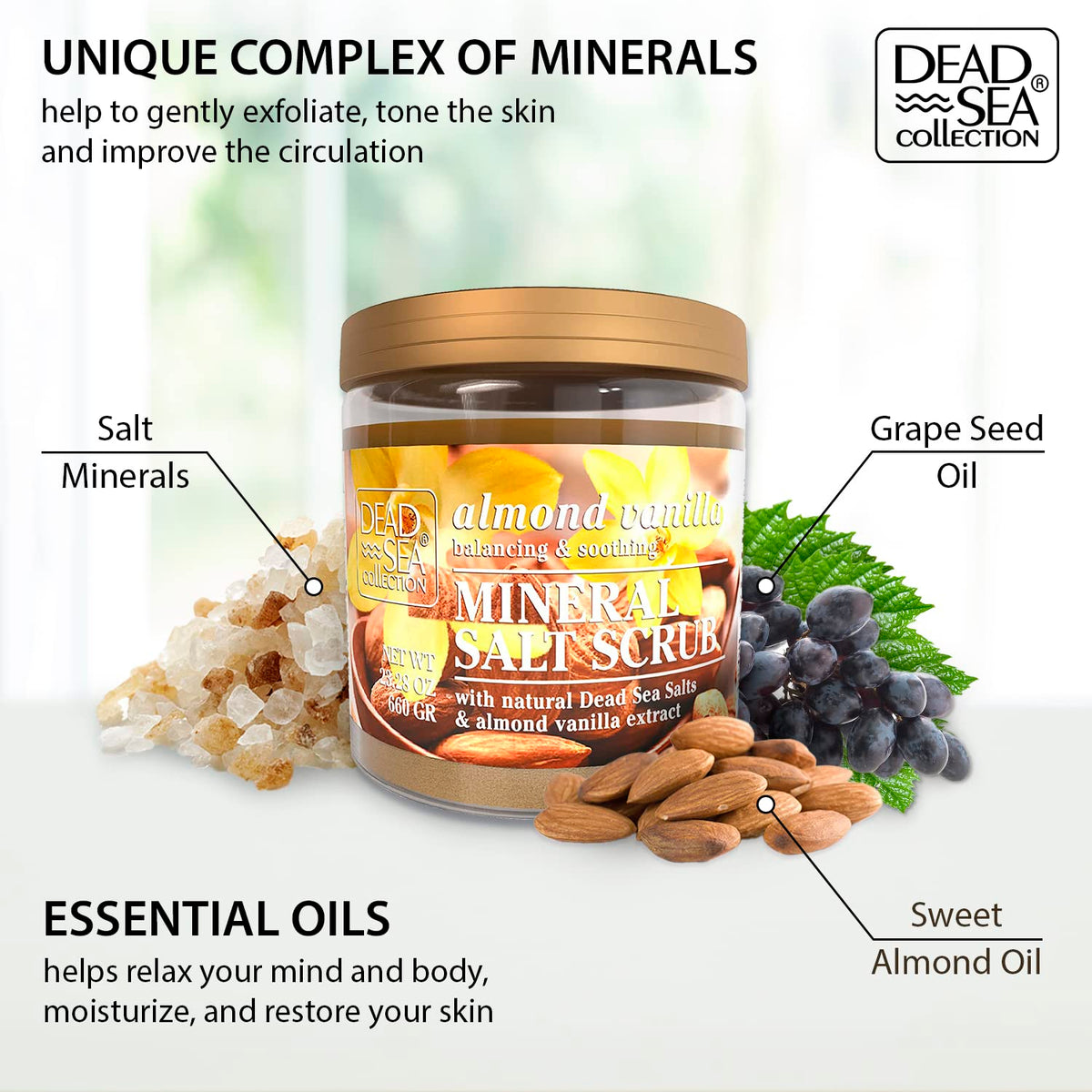 Dead Sea Collection open jar with visible salt and oil texture for smoothing