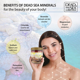 Dead Sea Collection scrub in use on wet leg demonstrating gentle exfoliation