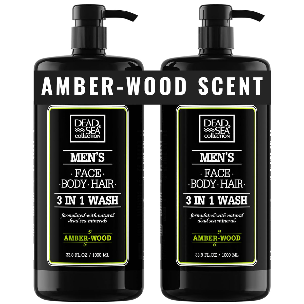 Dead Sea Collection bottle front packaging showing amber wood scent and size benefit