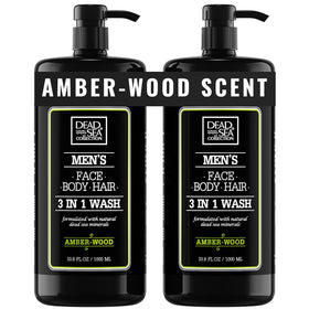 Dead Sea Collection bottle front packaging showing amber wood scent and size benefit
