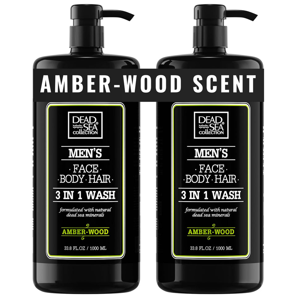Dead Sea Collection bottle front packaging showing amber wood scent and size benefit