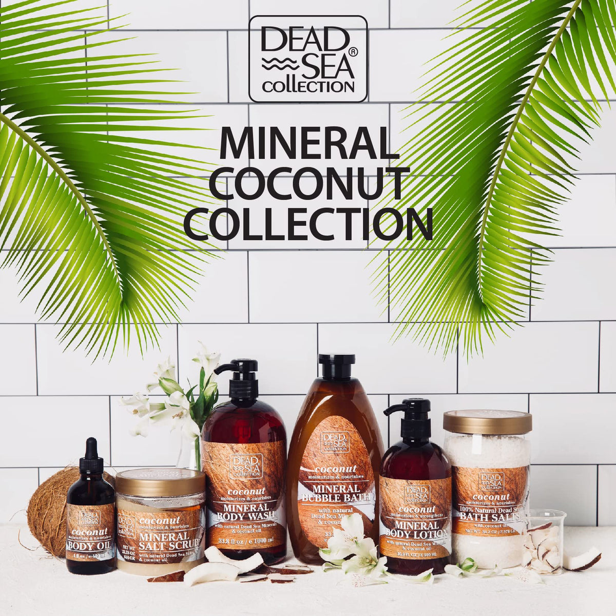 Dead Sea Collection bottles styled on bathroom shelf for everyday routine