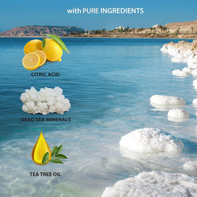 Dead Sea Collection bottles beside a hand to show actual size and long-lasting supply