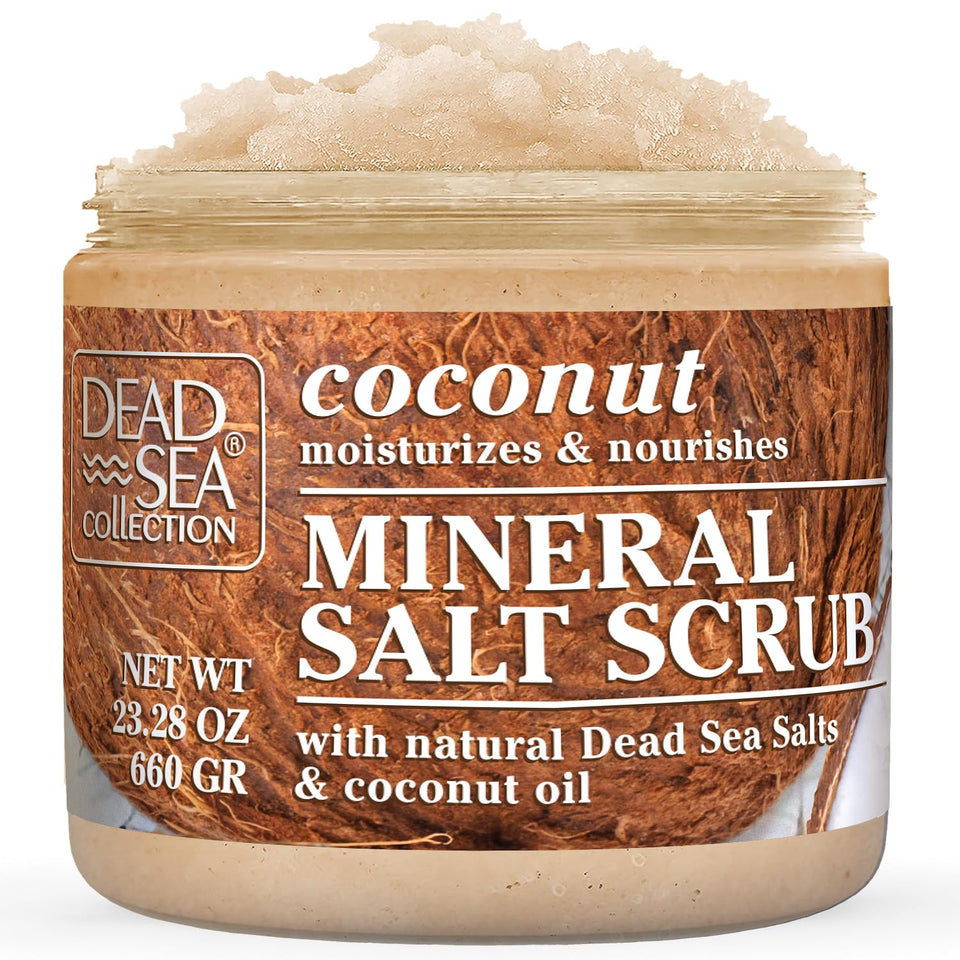 Dead Sea Collection jar front view showing clean coconut scrub packaging and clear benefits